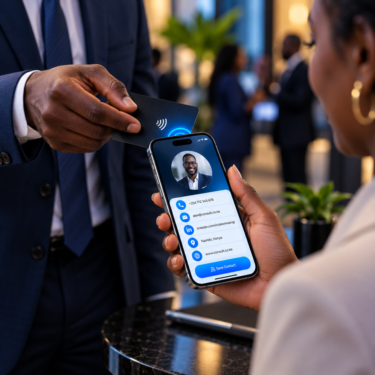 Wiverr NFC business card being tapped on a smartphone in Tanzania