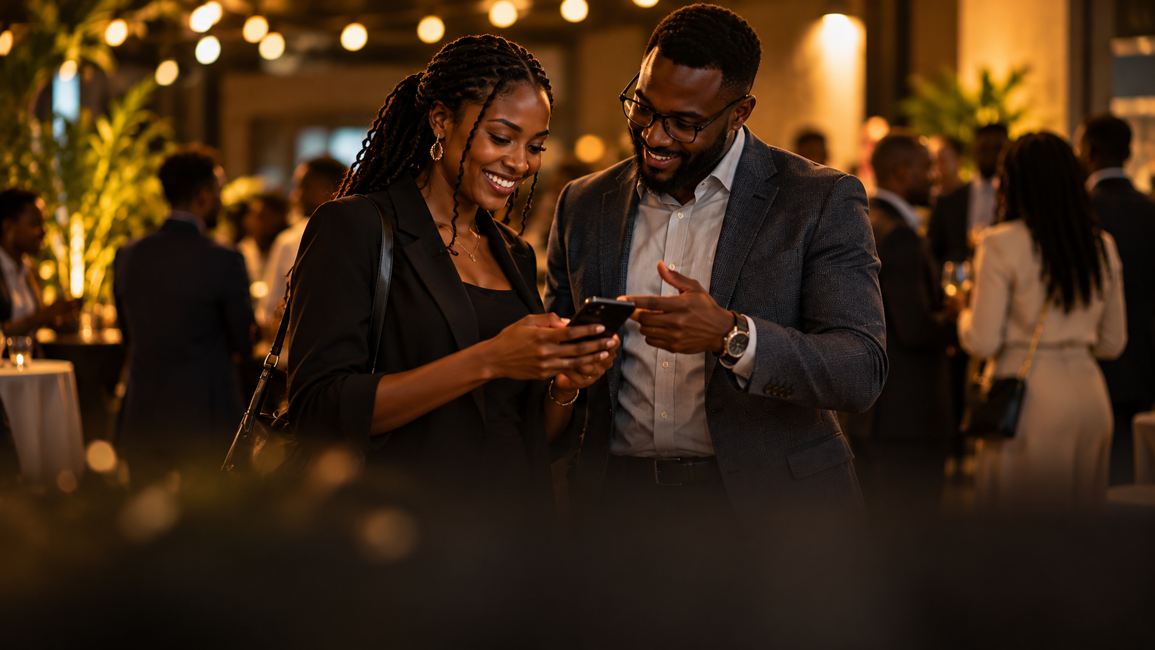 Two professionals exchanging digital business cards in Tanzania